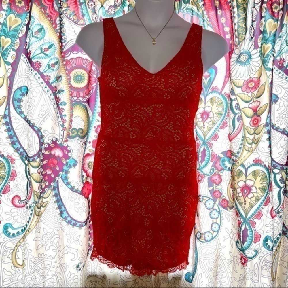 Beautiful BeBe Orange Lace and Nude Dress
